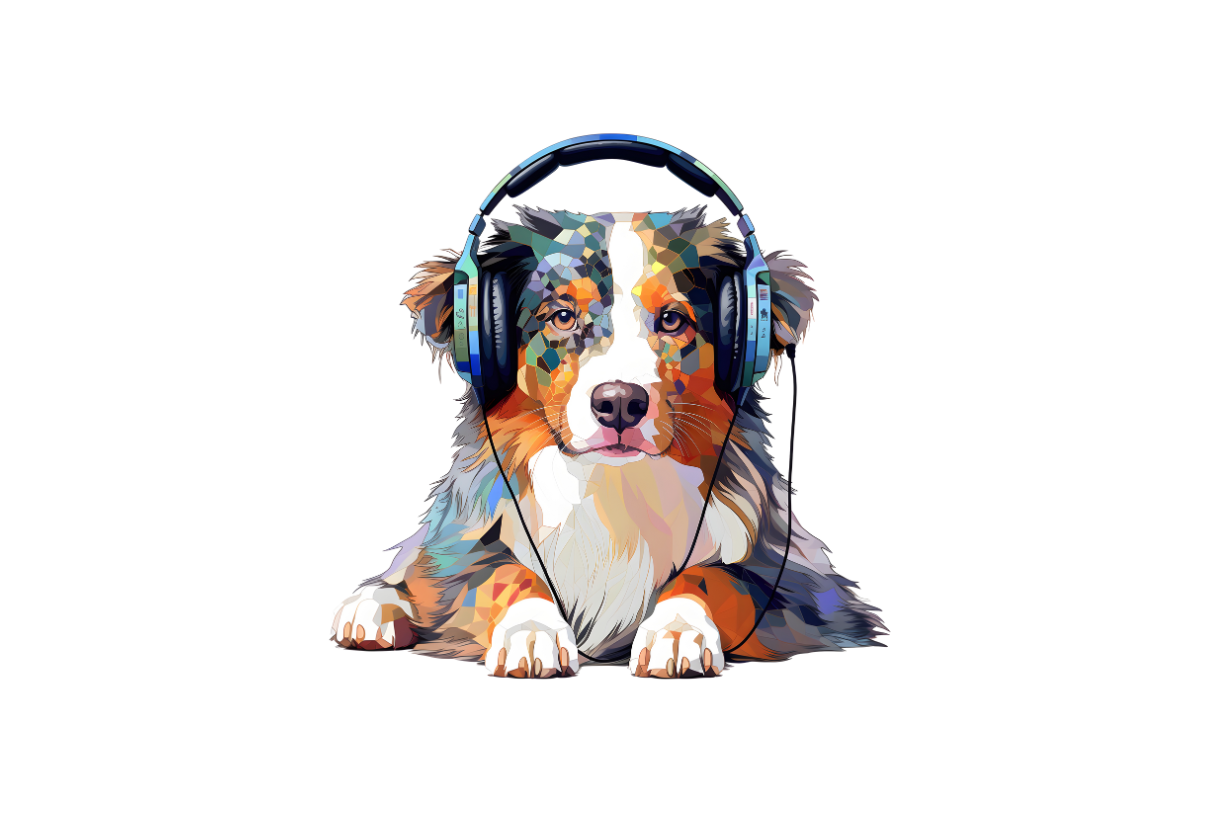 Australian Shepherd mit Kopfhörer